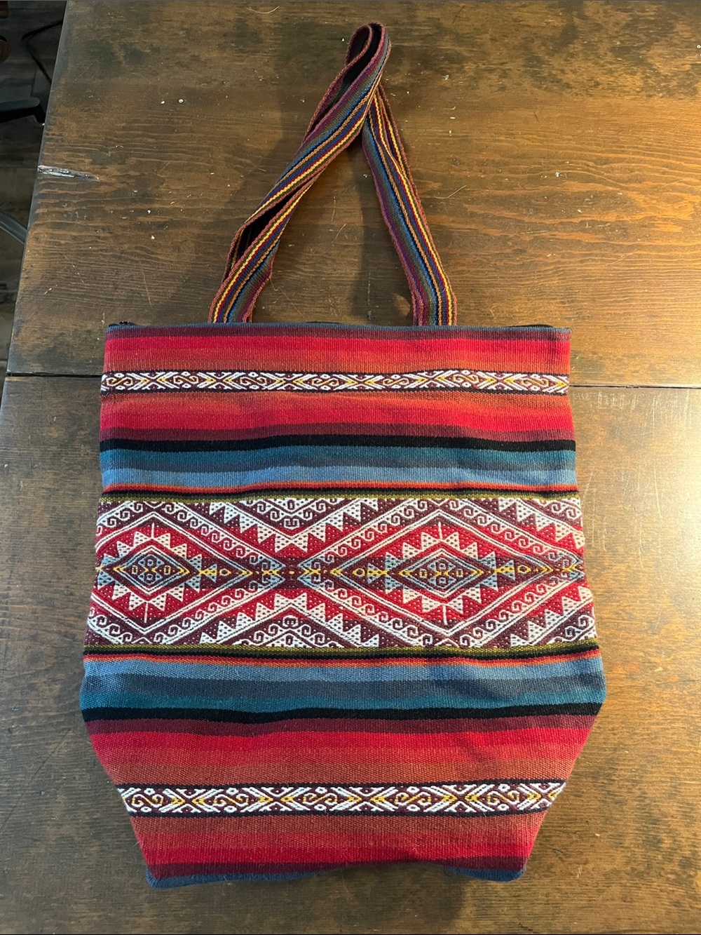 Handwoven Red Striped Tote Bag with Southwest Pattern